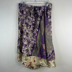 Vintage‎ Bohemian Reversible Skirt Large Satin Wrap Midi Mixed Print Peasant